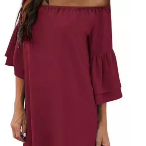 Red Off Shoulder Ruffled Sleeve Dress - Picture 3 of 3